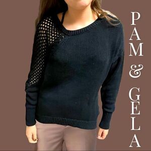 PAM & GELA Black Wool Blend Open Knit Scoop Neck Sweater Sz S Black
